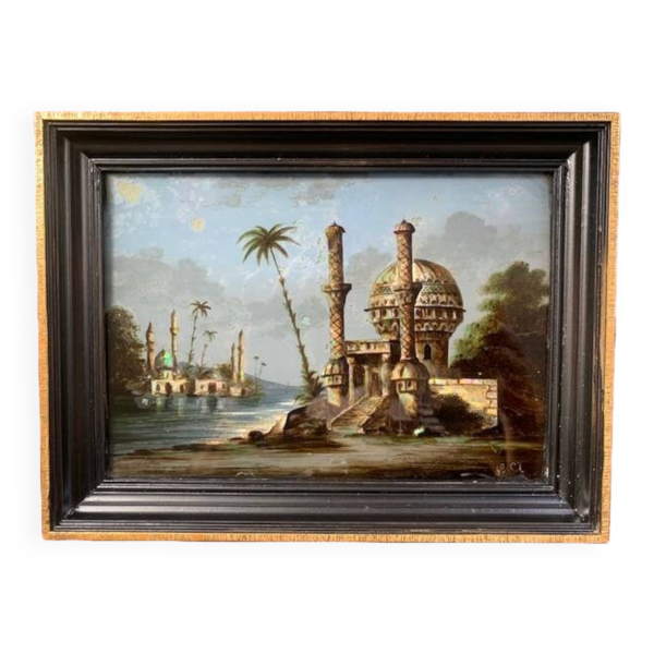Tableau du 19e siècle, peinture sous verre et nacre, scène orientale, signé G.A