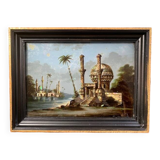 Tableau du 19e siècle, peinture sous verre et nacre, scène orientale, signé G.A