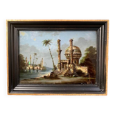 19th century painting, painting under glass and mother-of-pearl, oriental scene, signed GA