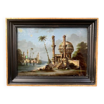 19th century painting, painting under glass and mother-of-pearl, oriental scene, signed GA