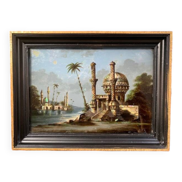 19th century painting, painting under glass and mother-of-pearl, oriental scene, signed GA