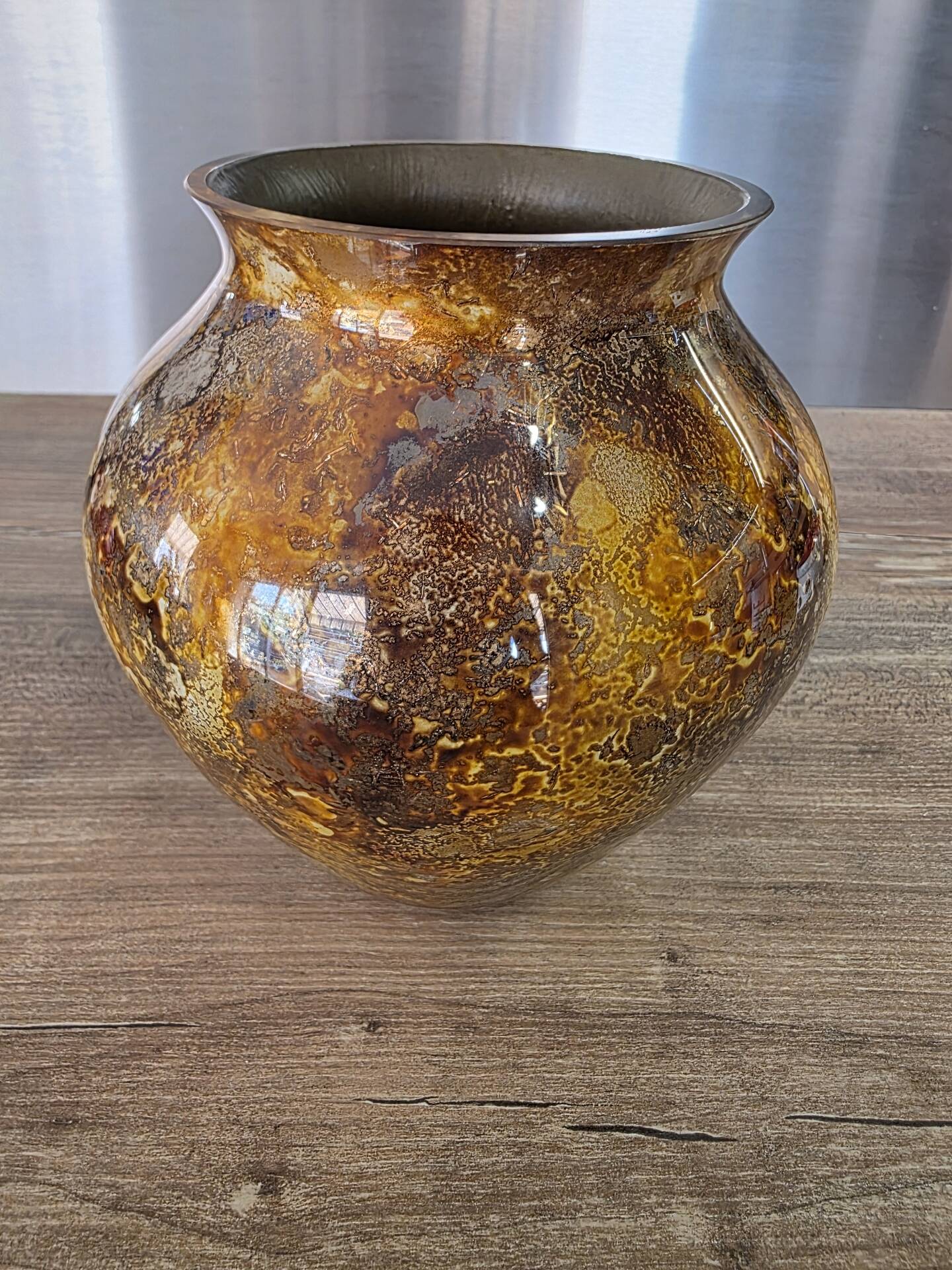 Vintage round vase Laque Line by Jean-Noël Bouillet Marbled golden tones