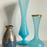 Vintage Blue Stoneware and Opaline Glass VASES