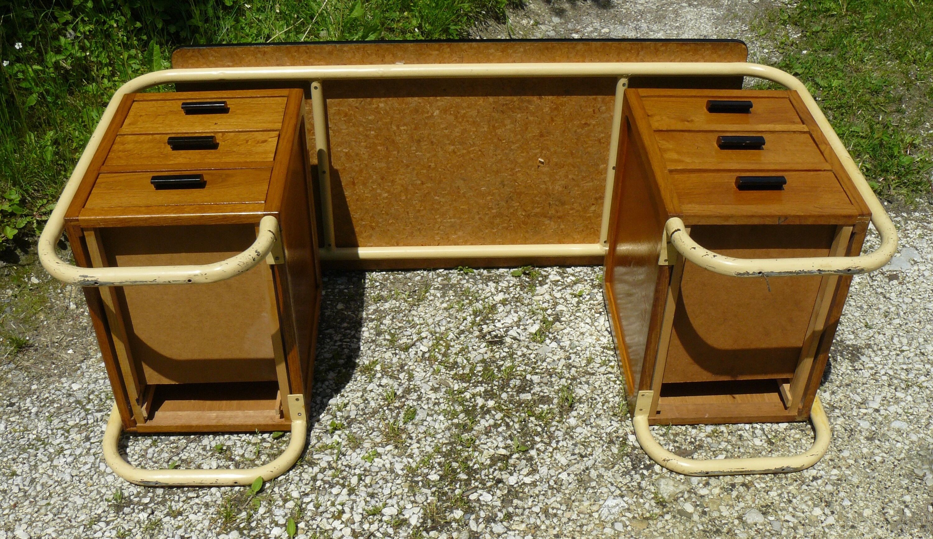 Bauhaus tubular desk with 6 drawers vintage 1950