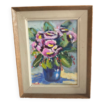 Painting on panel flowers in a vase.