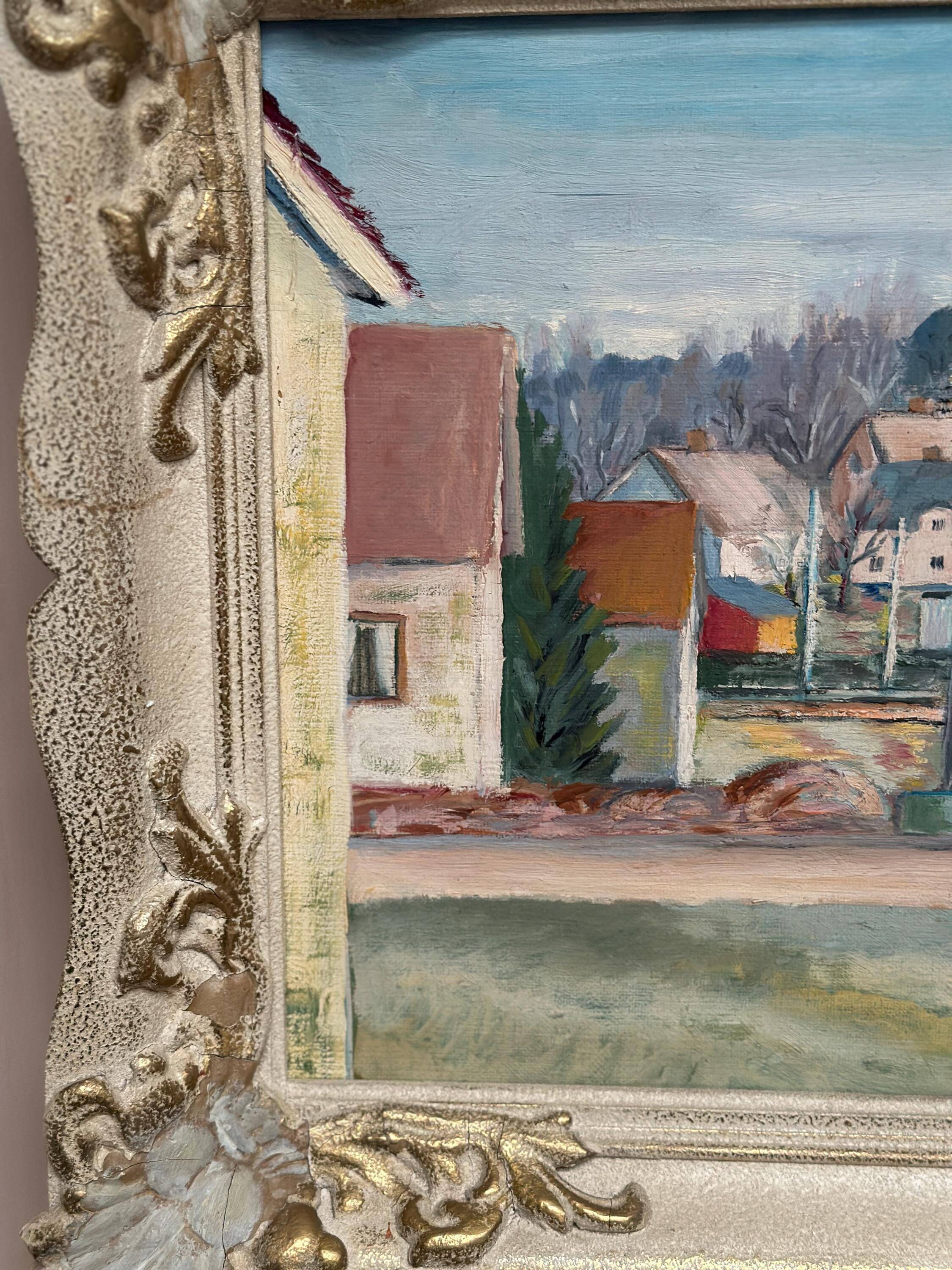 Original| Mid Century Oil on Canvas – “Village Street with Houses” By N.T.