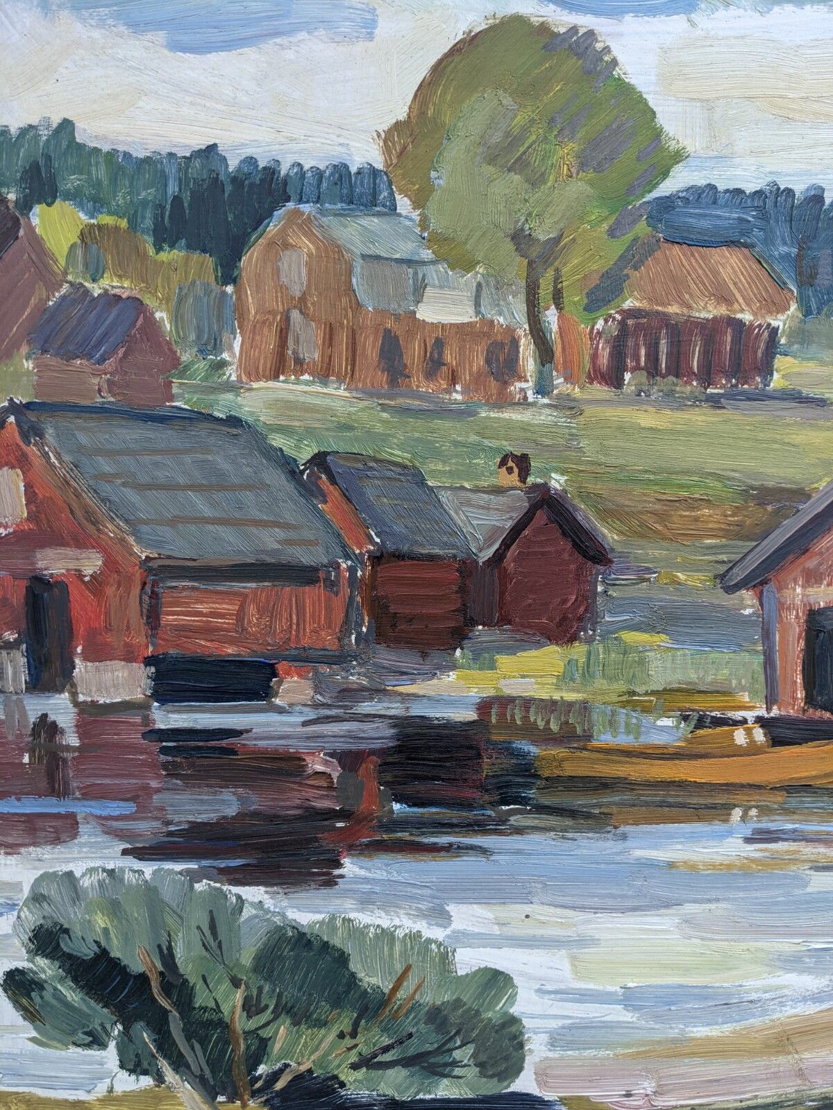 Mid-Century Modern "Lake Houses" Swedish Vintage Landscape Oil Painting, Framed