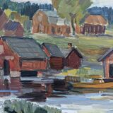 Mid-Century Modern "Lake Houses" Swedish Vintage Landscape Oil Painting, Framed