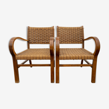 Pair of beech and rope chairs 1950