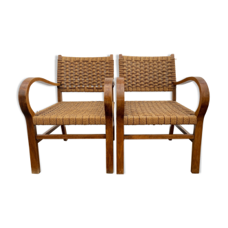 Pair of beech and rope chairs 1950