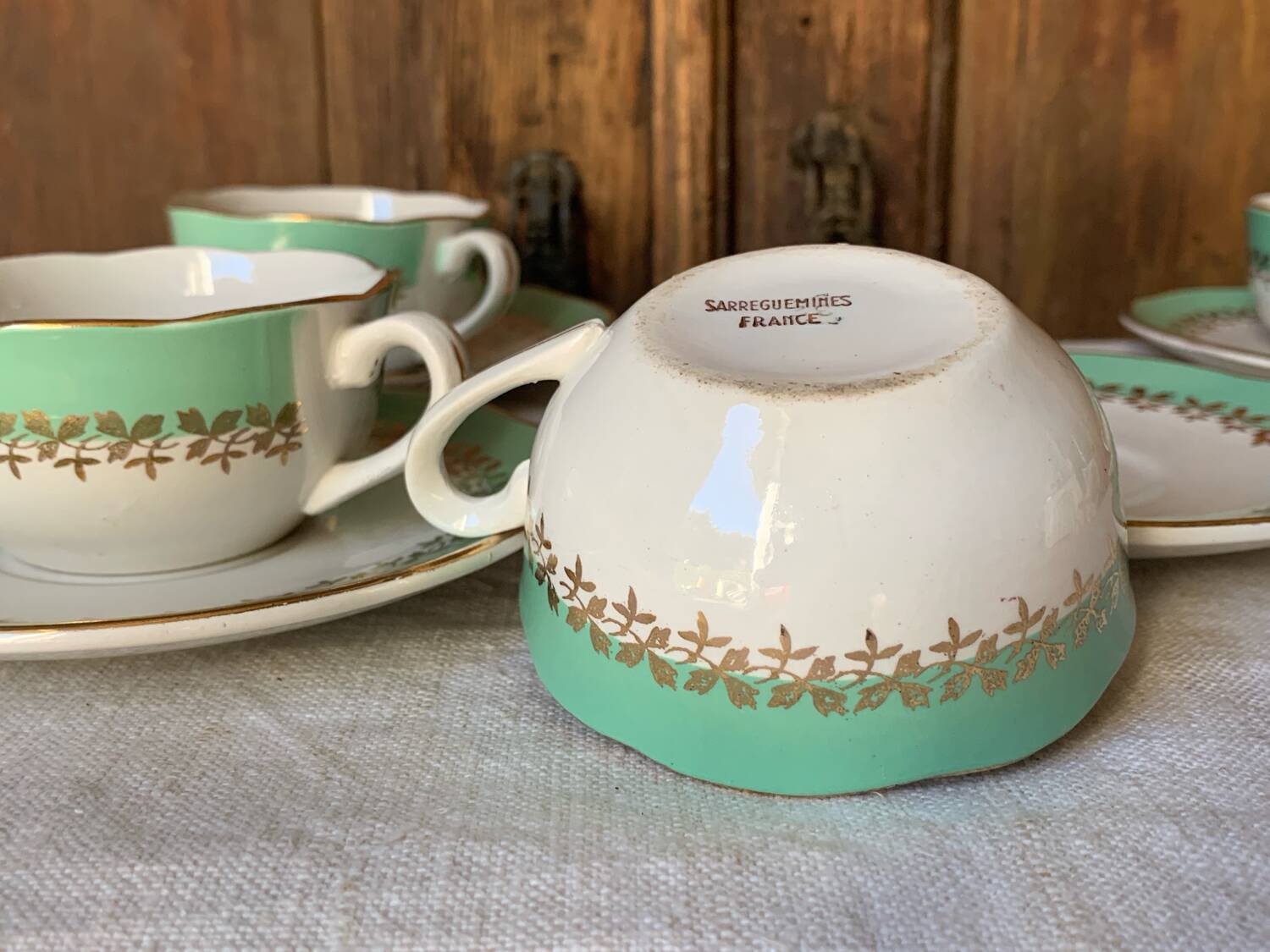 4 tasses à café vert menthe Digoin Sarreguemines Juliette 1960