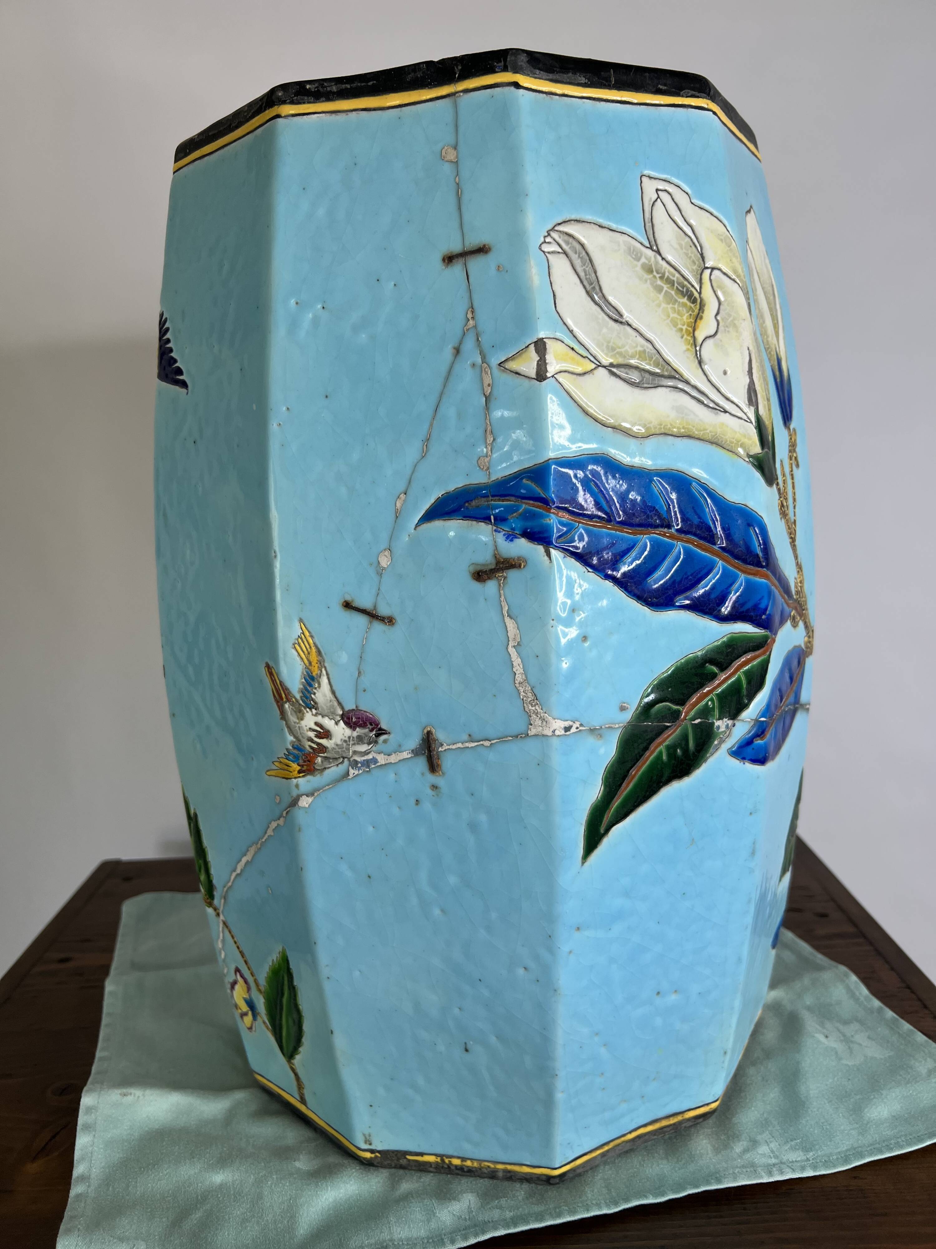Large Japanese-style garden stool in turquoise glazed ceramic.