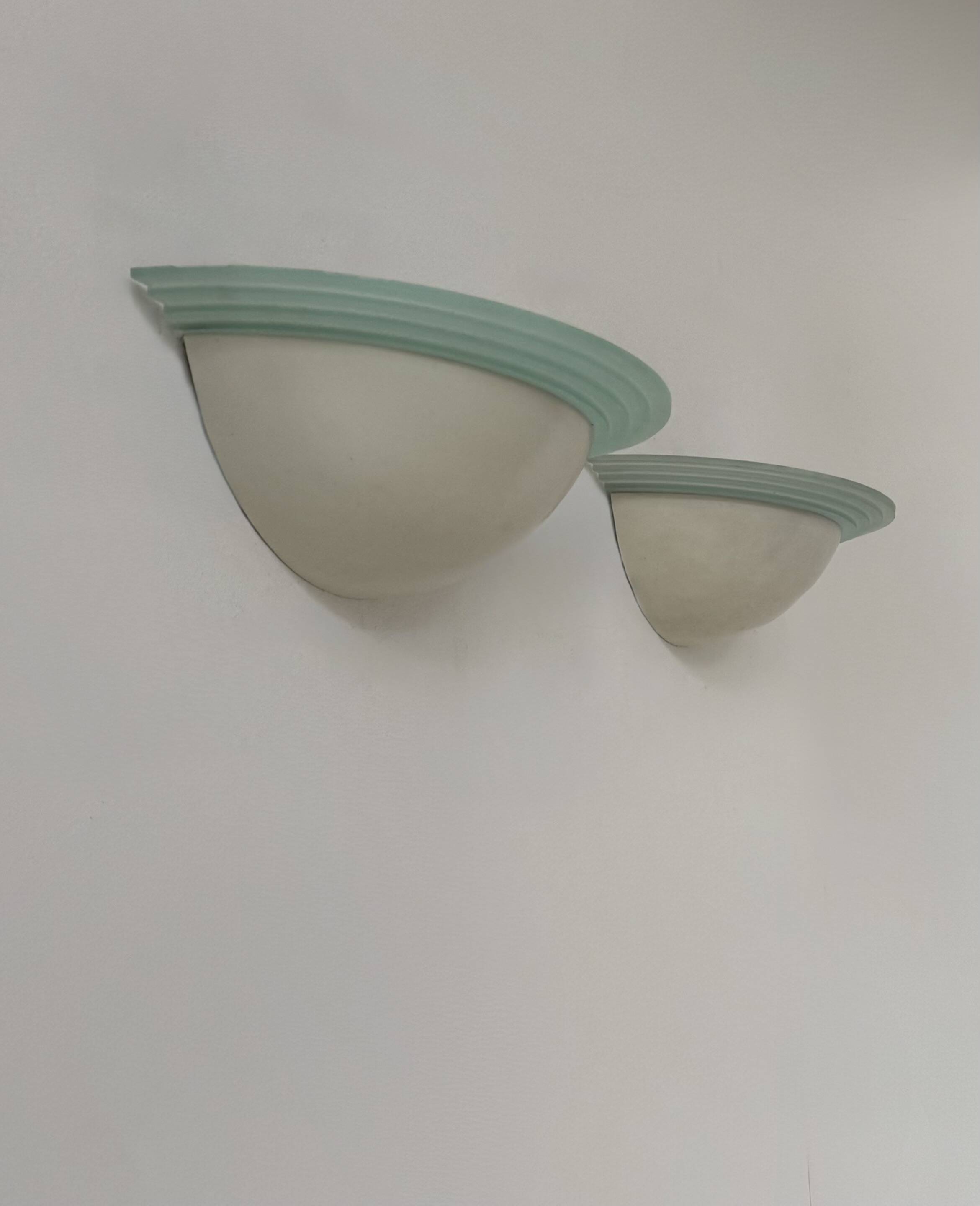 Pair of vintage half-moon wall lights, perspex and white metal, France, 1970.