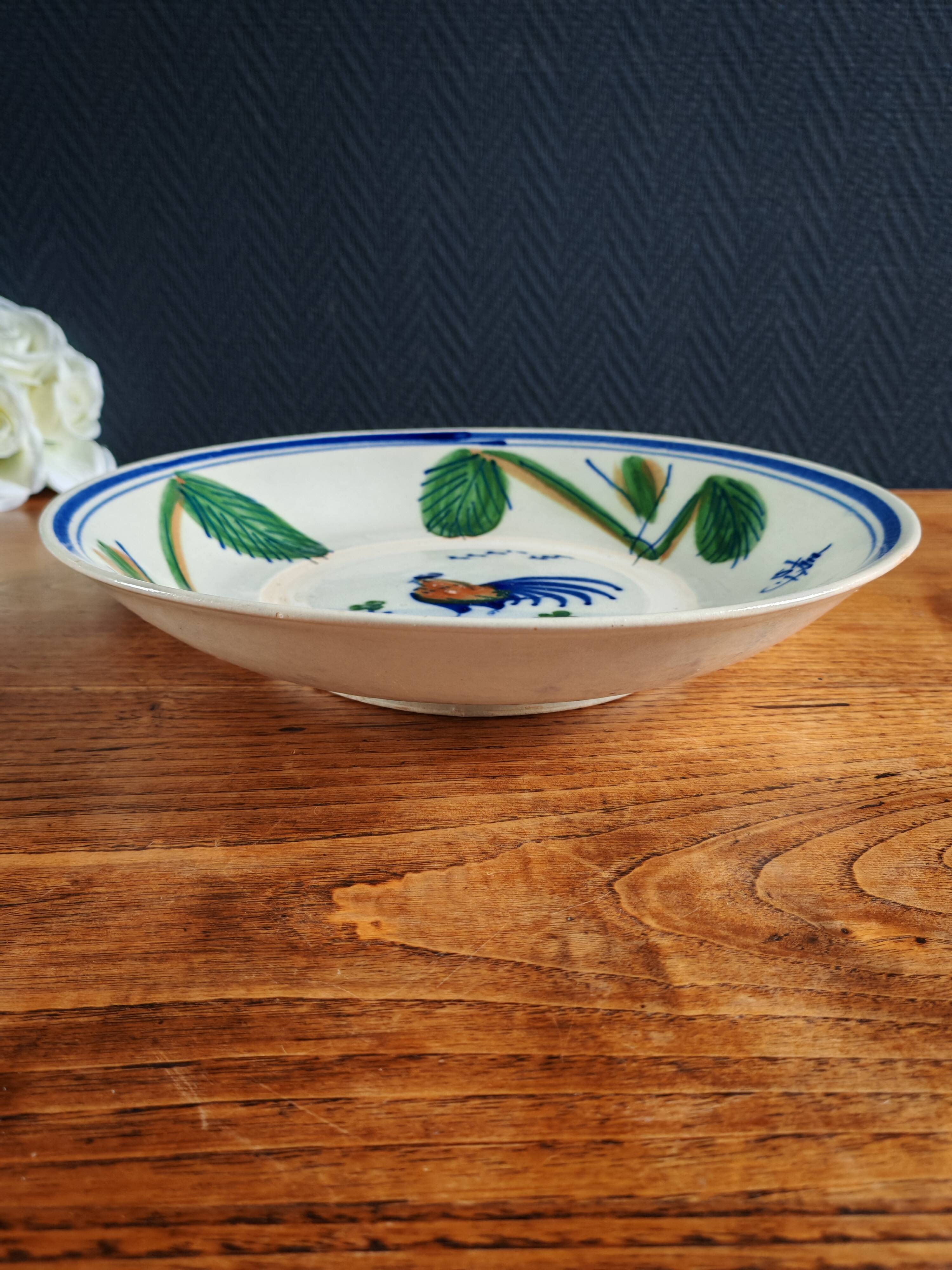 Large Vintage Hand-Painted Plate "Rooster and Foliage"