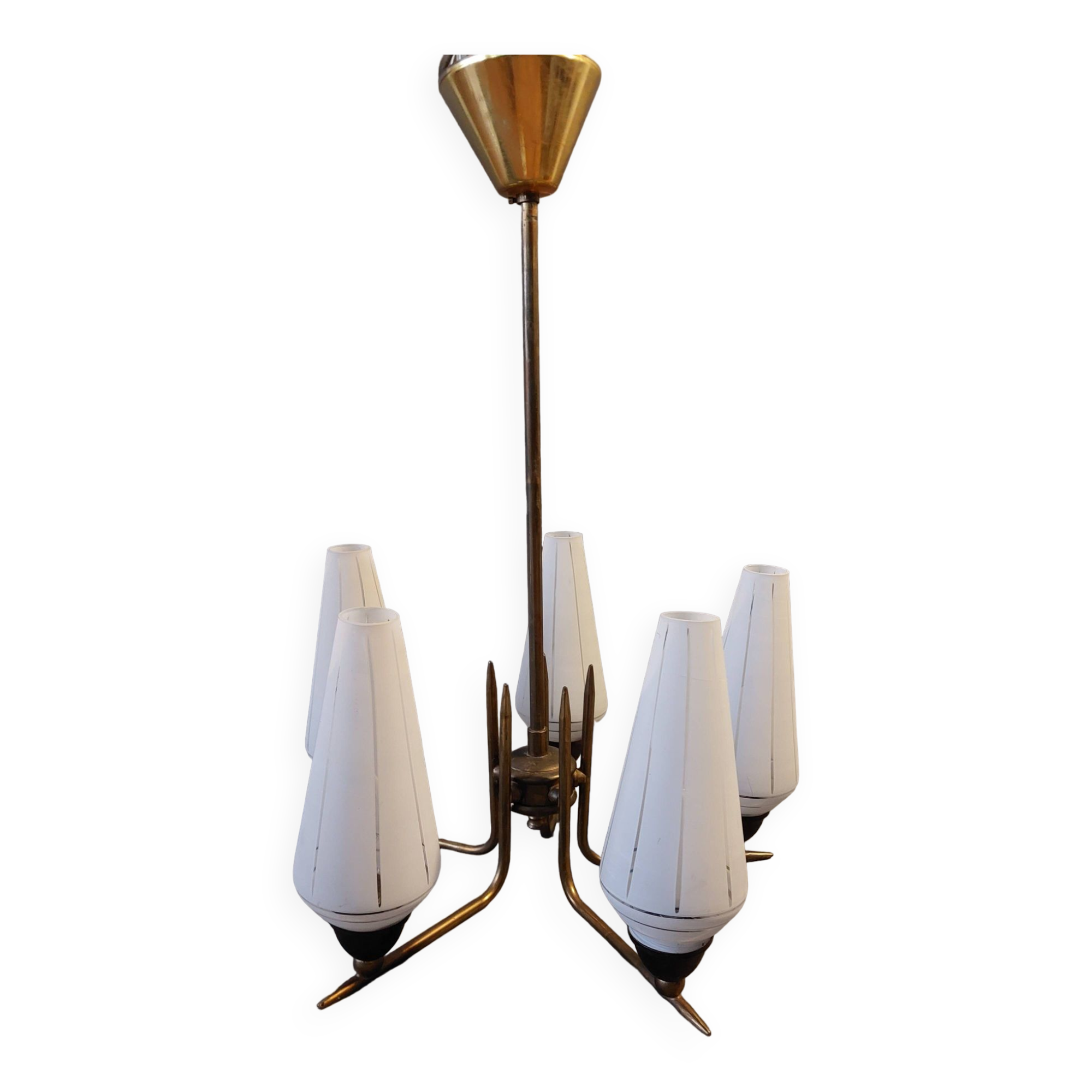 Chandelier in gilded brass and opaline with 5 lights 1960 Vintage.