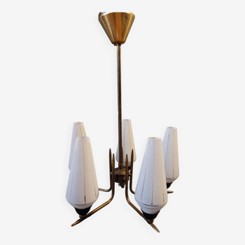 Chandelier in gilded brass and opaline with 5 lights 1960 Vintage.