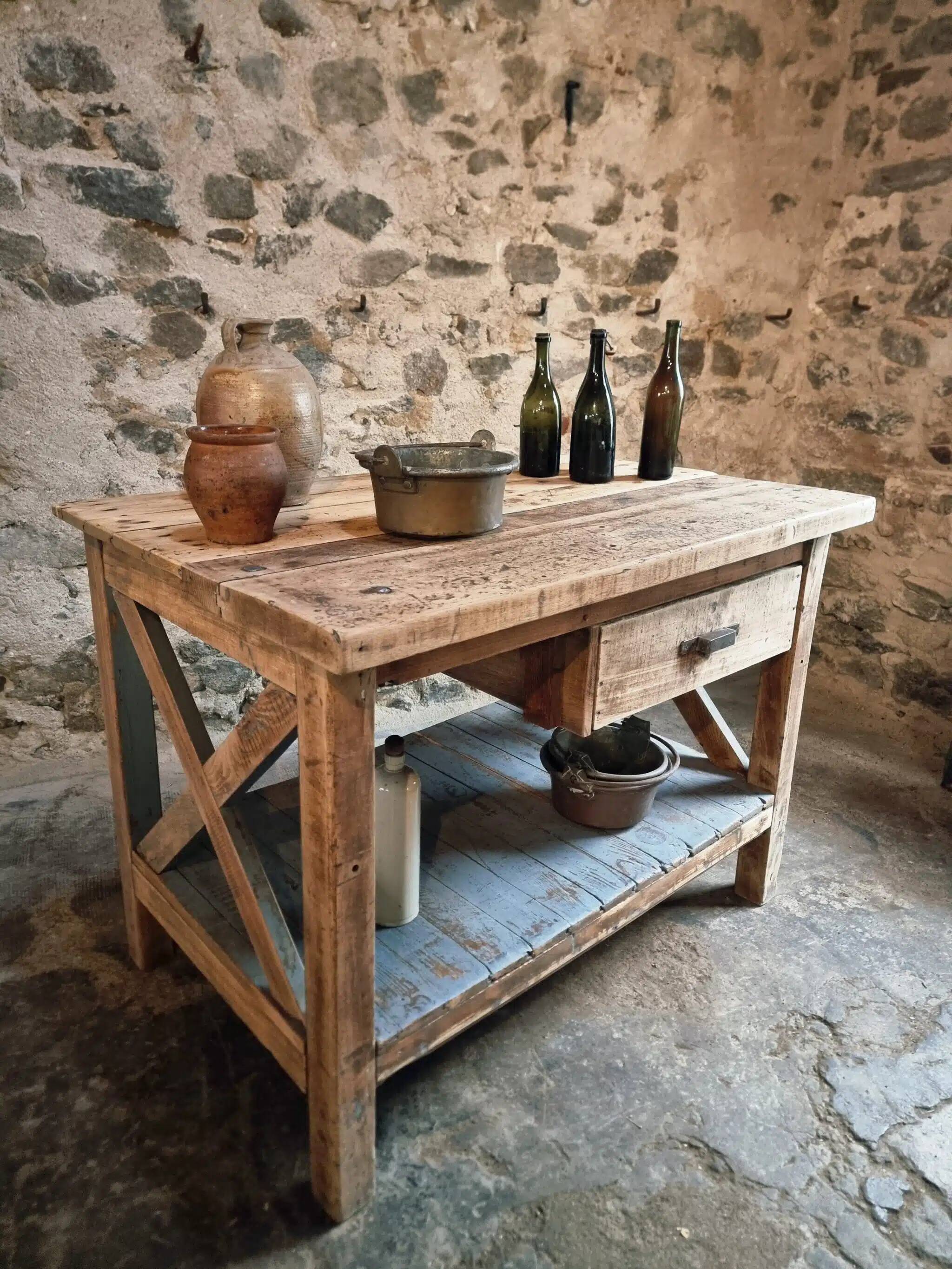 Vintage French industrial workbench – 1920s/1930s oak and pine table with drawer
