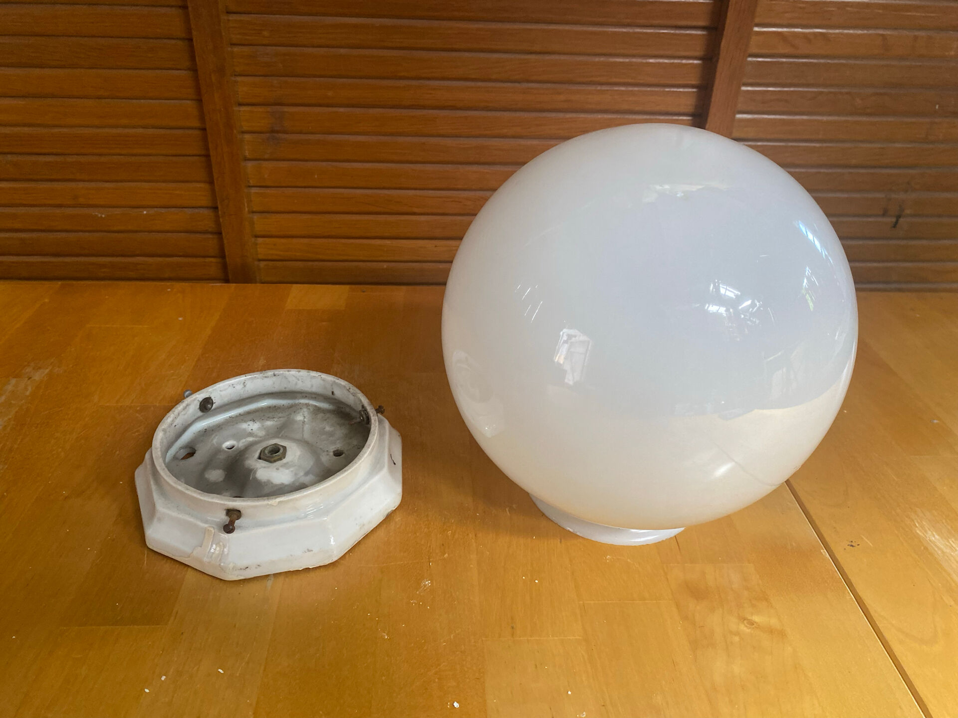 Antique Ceiling Light White Opaline Ball + Porcelain Support