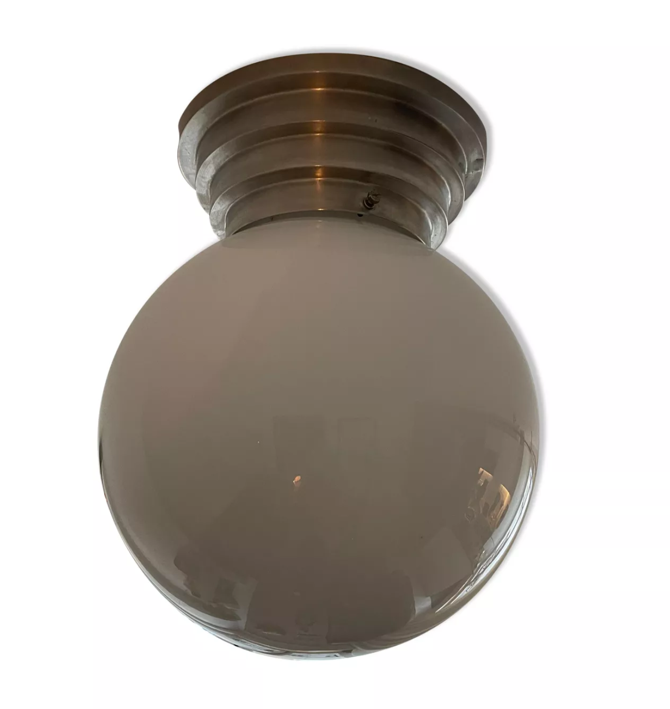 Modernist art deco stepped ceiling lamp, chrome and opaline, vintage