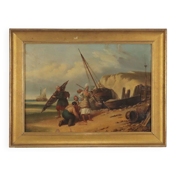 The sale of fresh fish, old oil painting on canvas, 19th century.