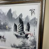 Large oil on canvas vintage painting Japanese style