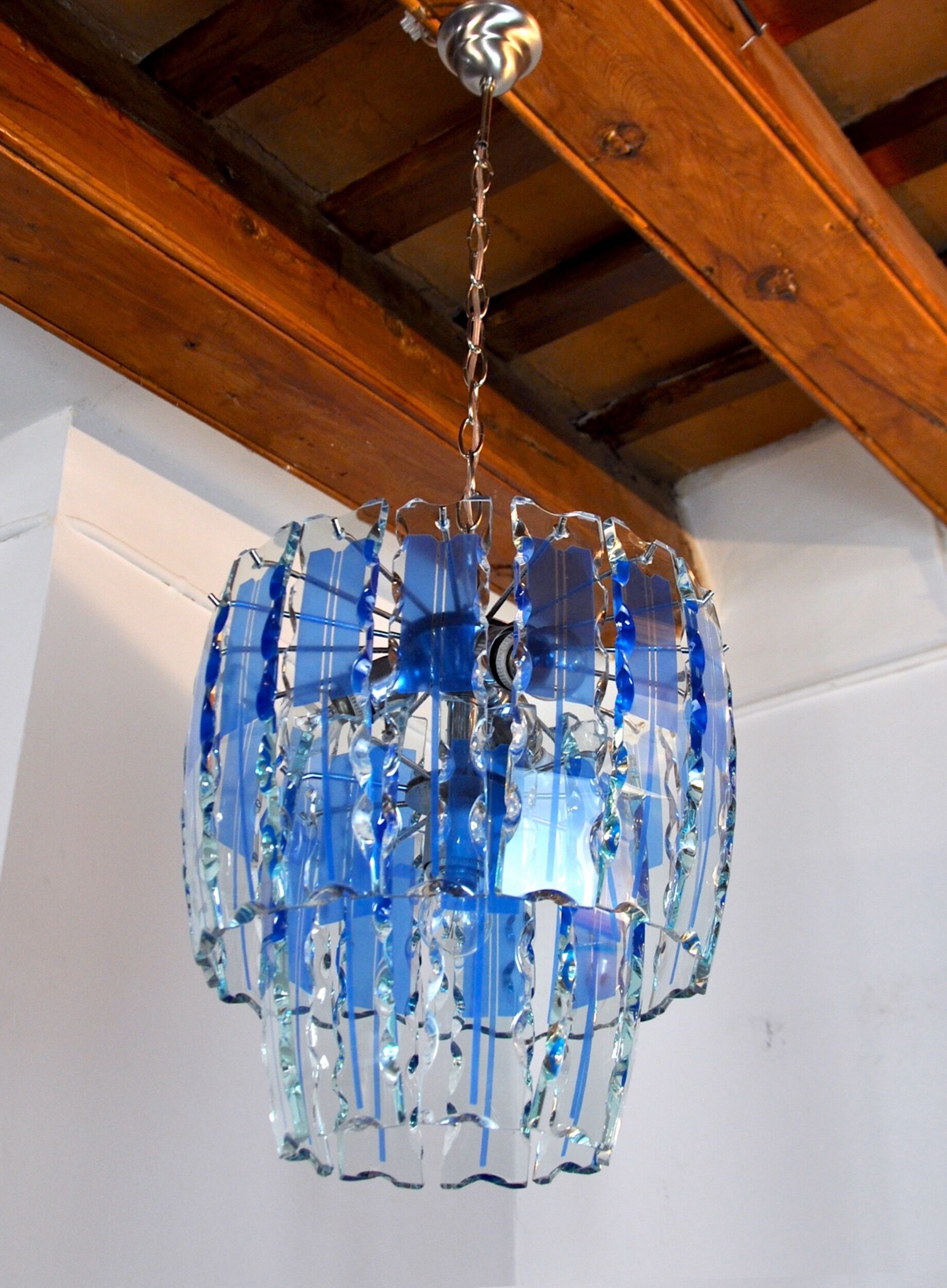 Zero Quattro chandelier, murano blue cut glass, Italy, 1970