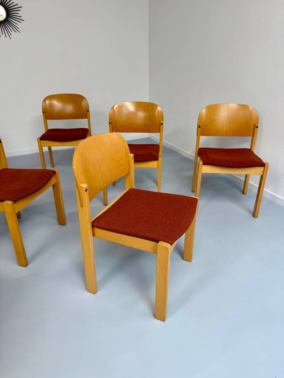 Lot of 8 old Scandinavian design wooden chairs from the 80s vintage