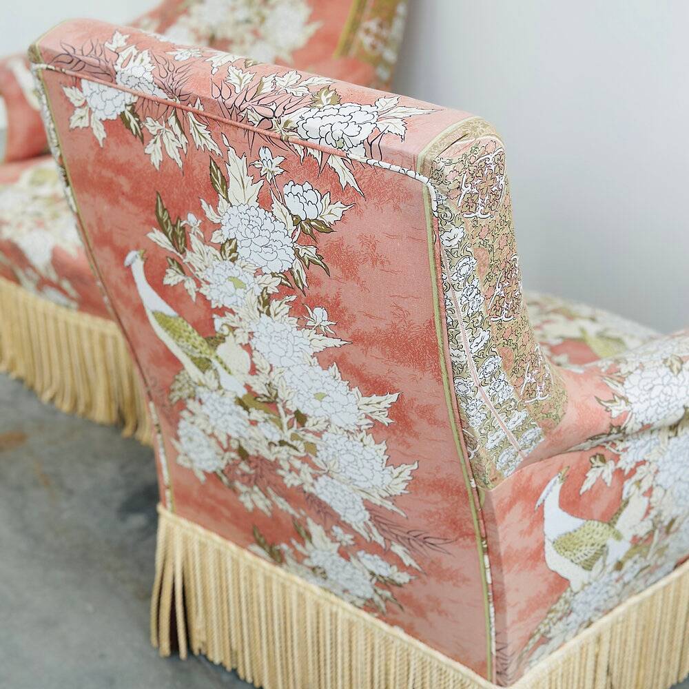 Exquisite pair of upholstered slipper lounge chairs depicting pheasants and peonies