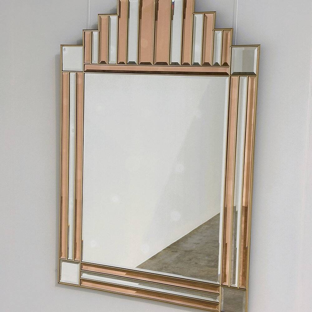 Art Deco style peach & clear bevelled mirror with brass frame, 1980s