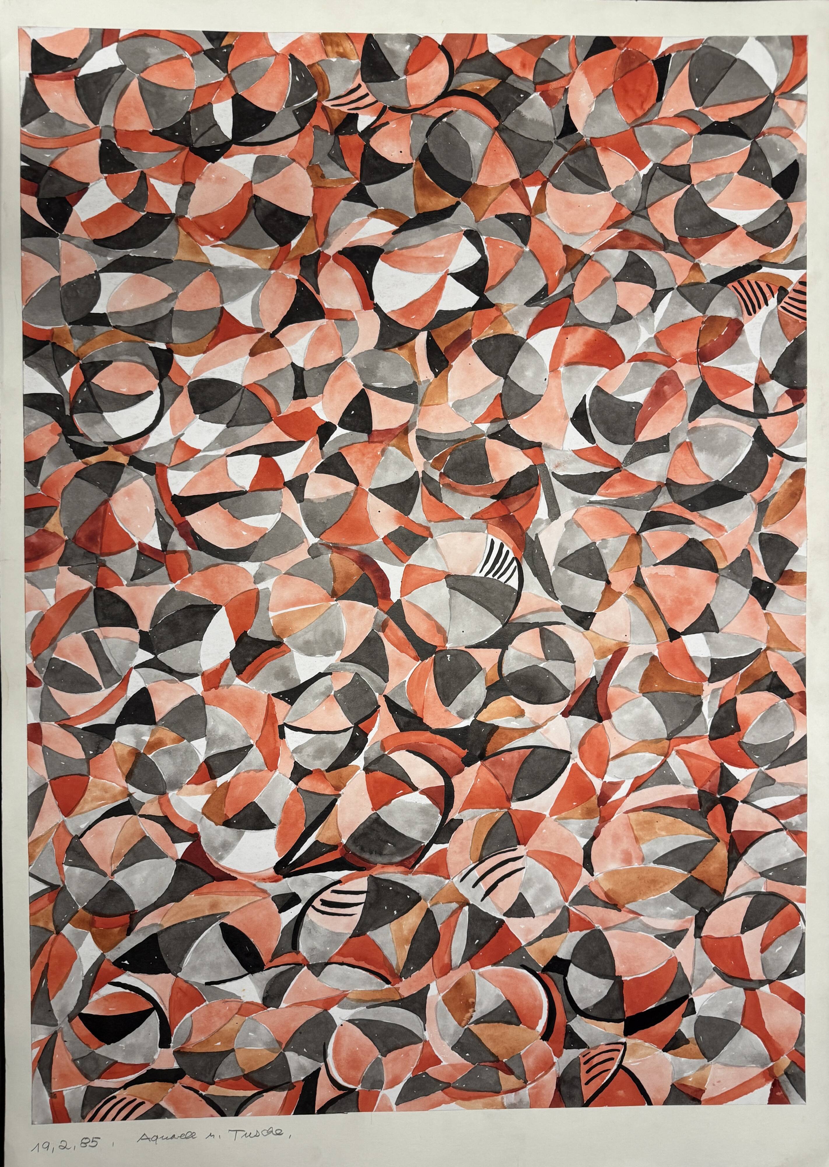 Helmut Dittmann – Abstract Rhythmic in Red , Watercolour & Ink, 1985