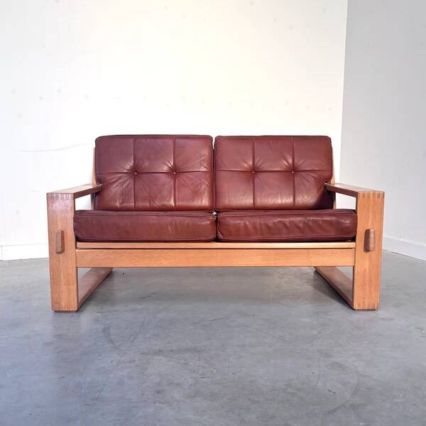 Leather 2 seat lounge sofa in "Bonanza" style, 1970s