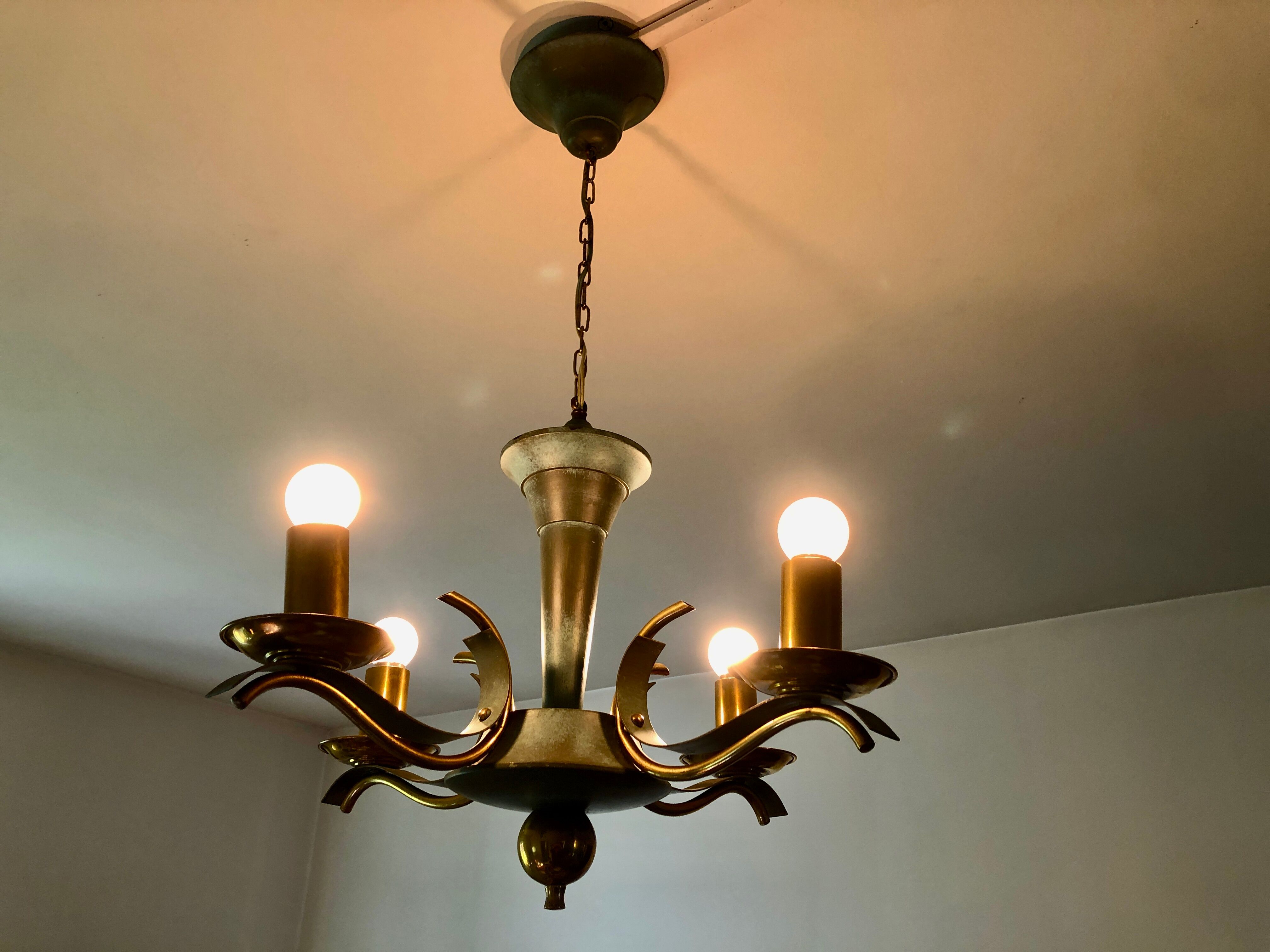 Celadon green modernist chandelier and solid brass