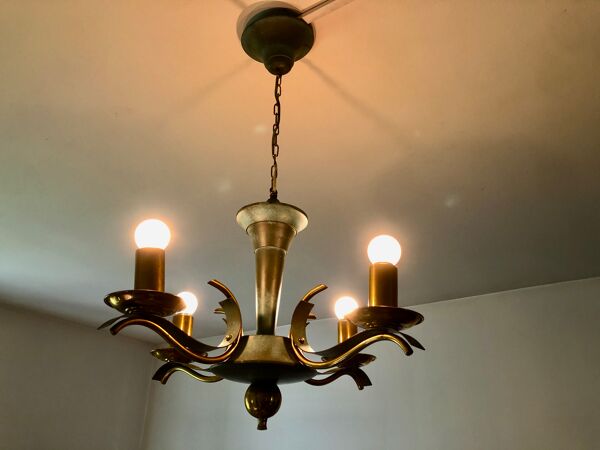 Lustre moderniste vert céladon et laiton massif