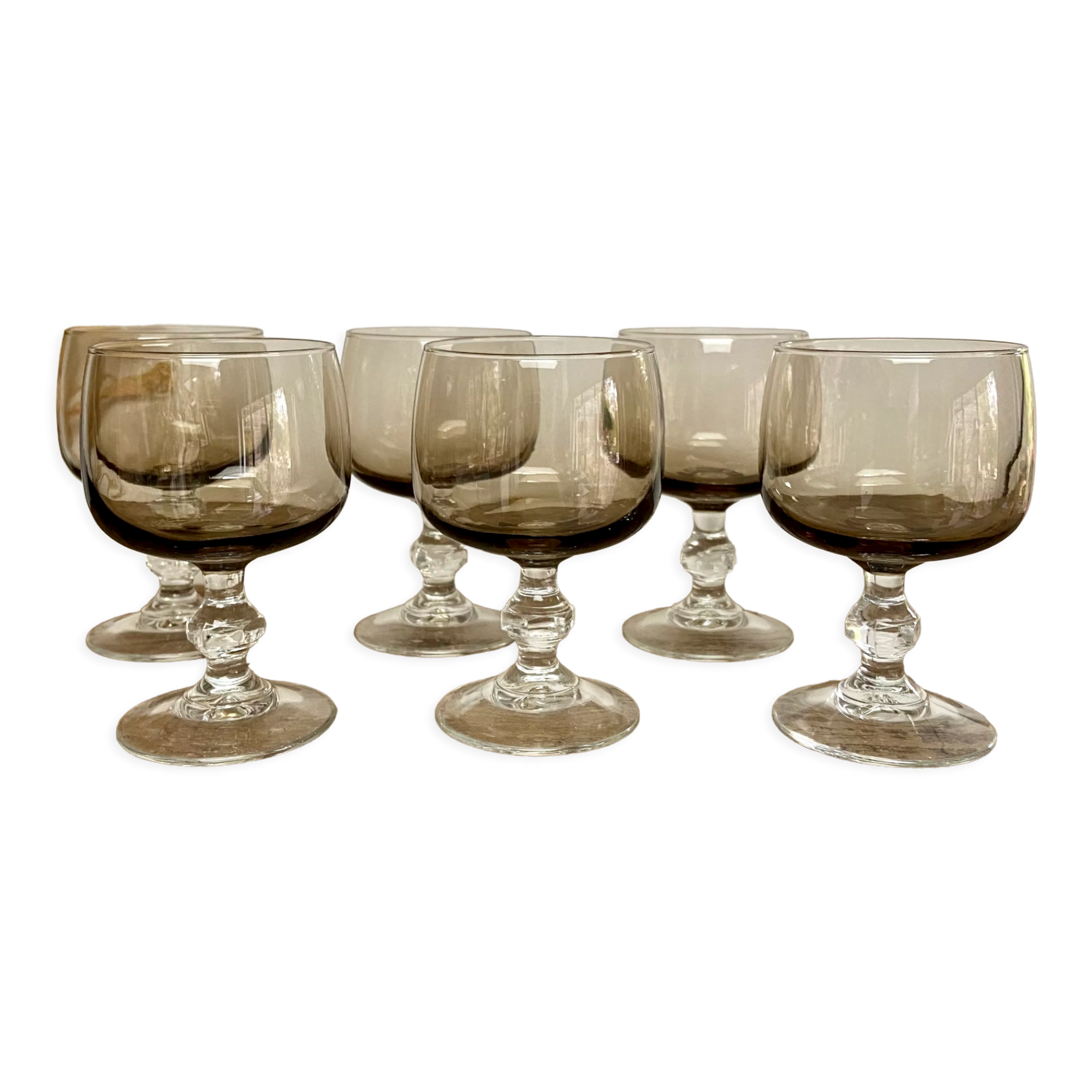 6 small vintage smoked stemmed glasses