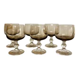 6 small vintage smoked stemmed glasses