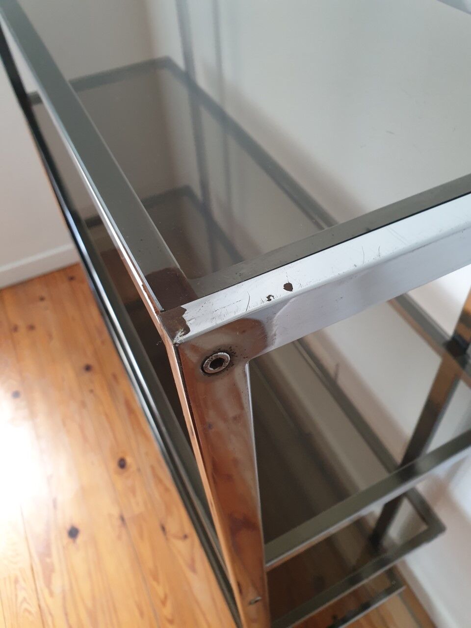 Chrome shelves and smoked glass 70s