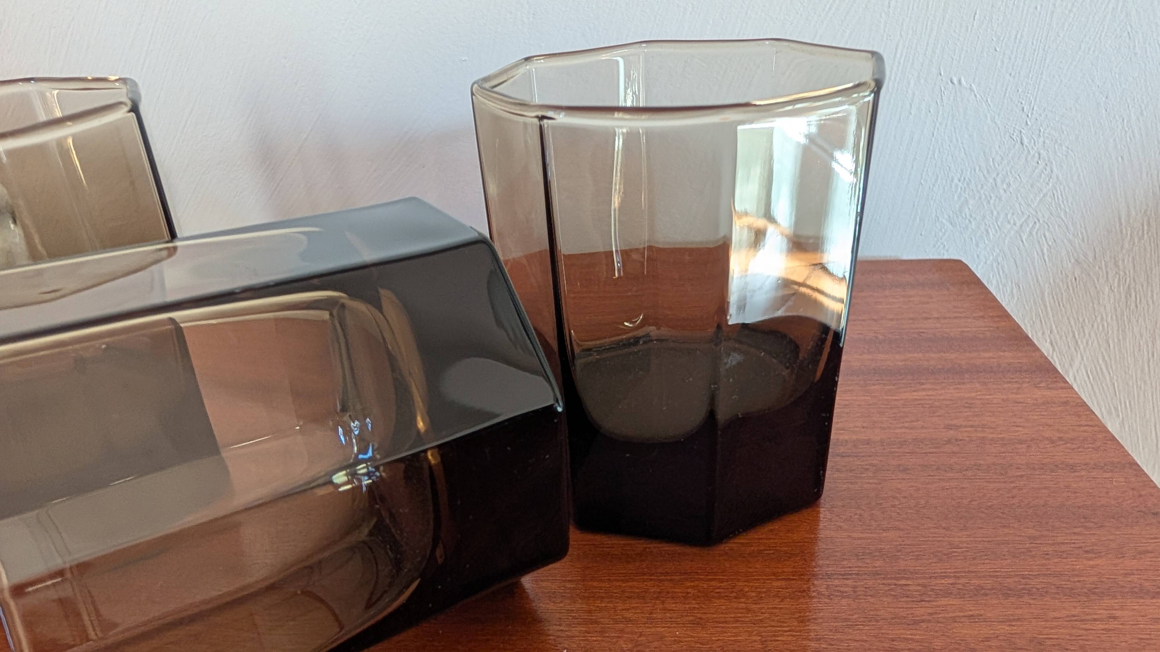 Set of three hexagonal smoked glass glasses – 1970s