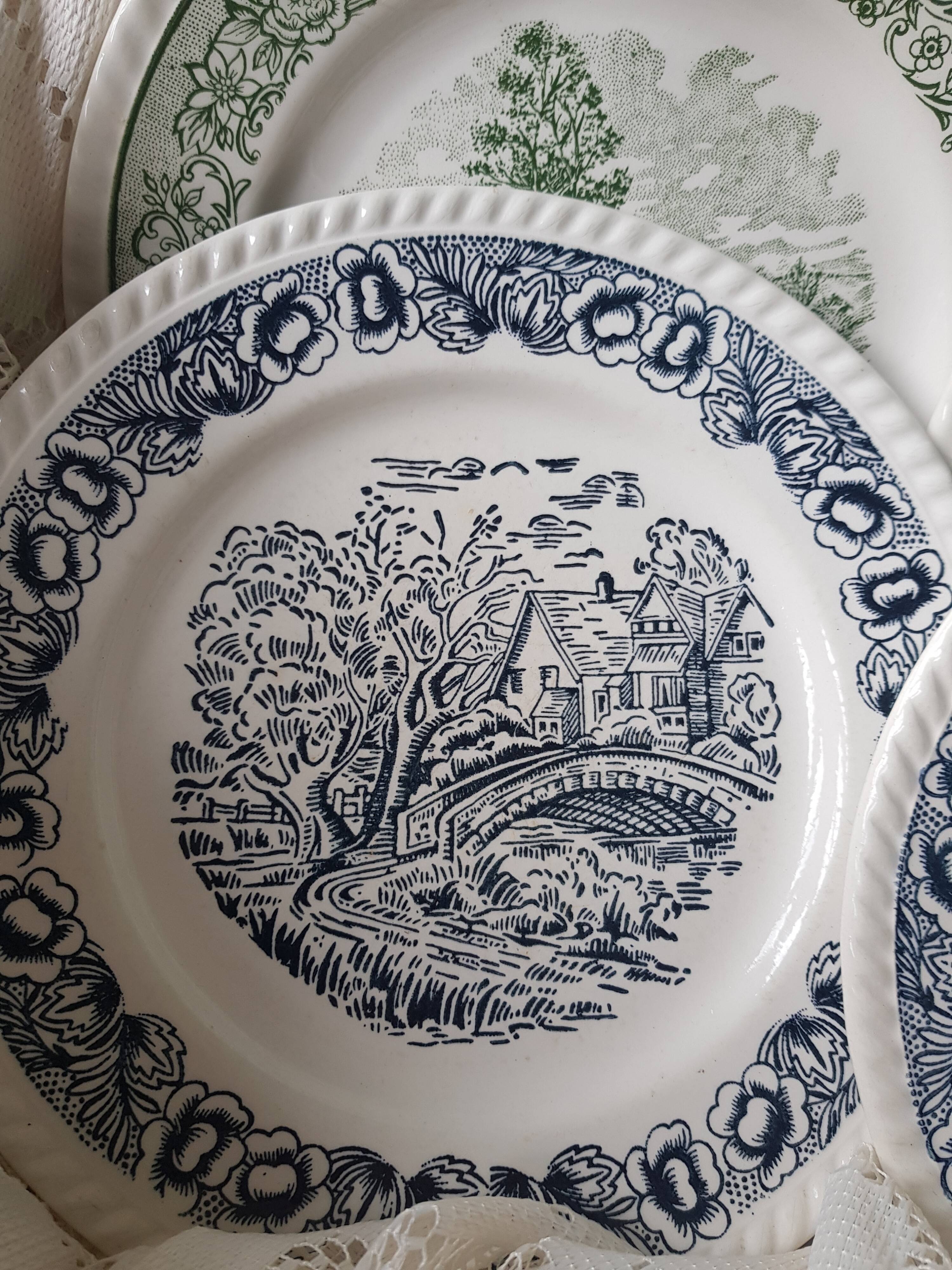 Lot de 4 assiettes plates vertes et bleues
