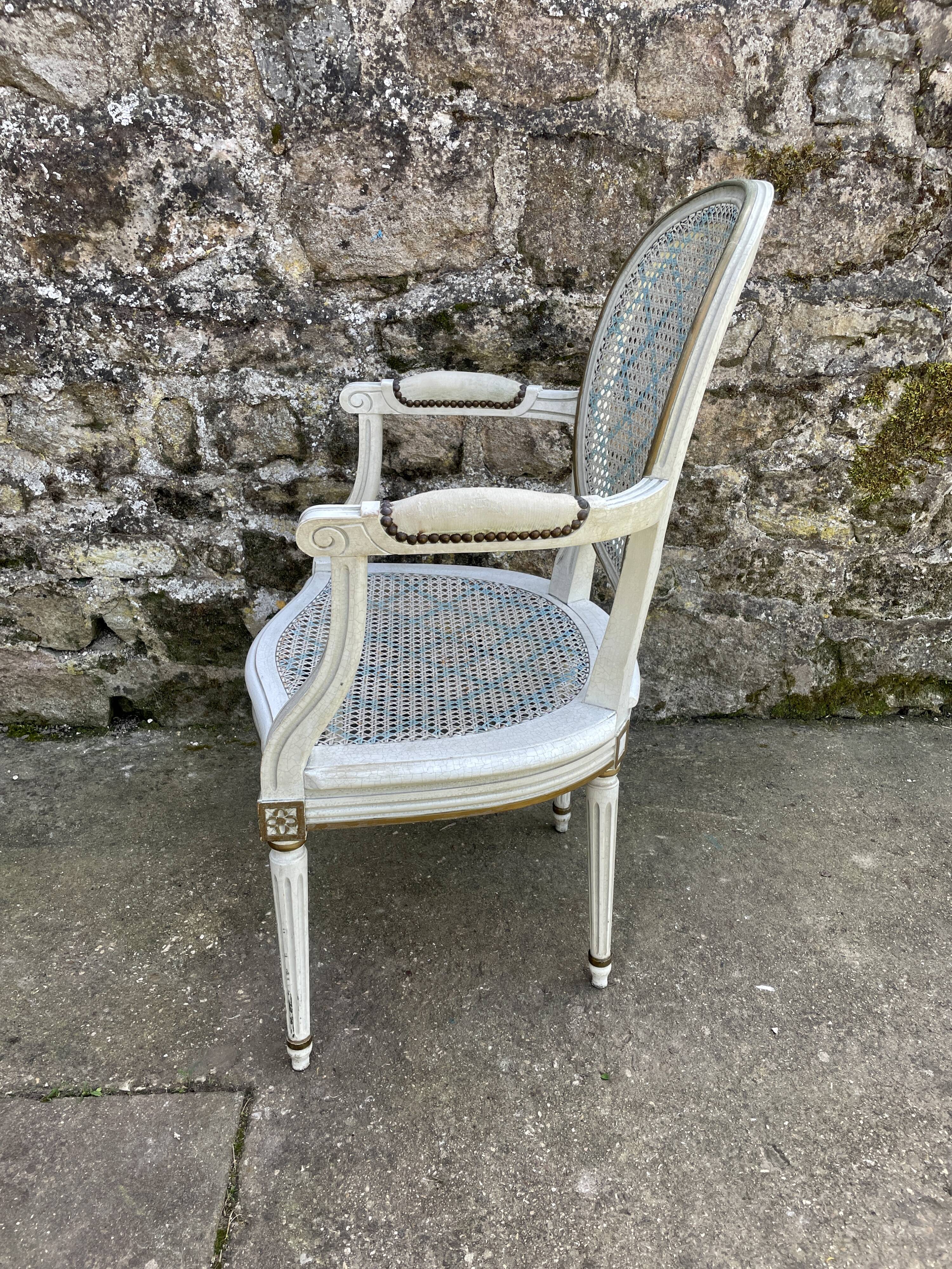 White and blue caned medallion armchair Louis XVI