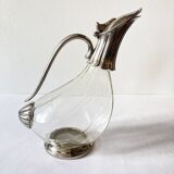 Ewer, decanter in silver-plated metal and glass