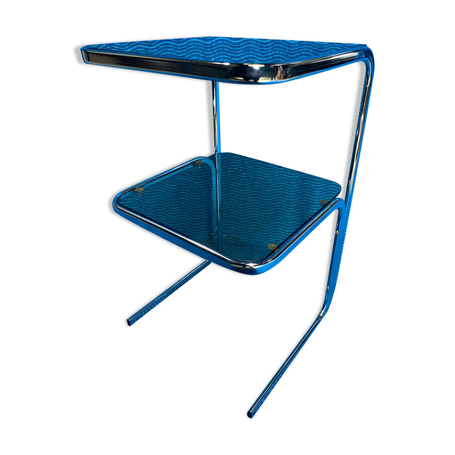 Vintage 1970s coffee table square chrome base u-shaped oval profile