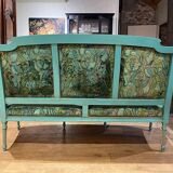 Louis XVI style bench in blue lacquered wood with gold trim