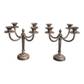 Paire Candelabres Metal Argente Chandeliers Louis XVI 4 Feux Bougeoirs