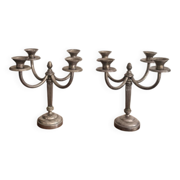 Pair of Silver Metal Candelabra Louis XVI 4 Light Candle Holders