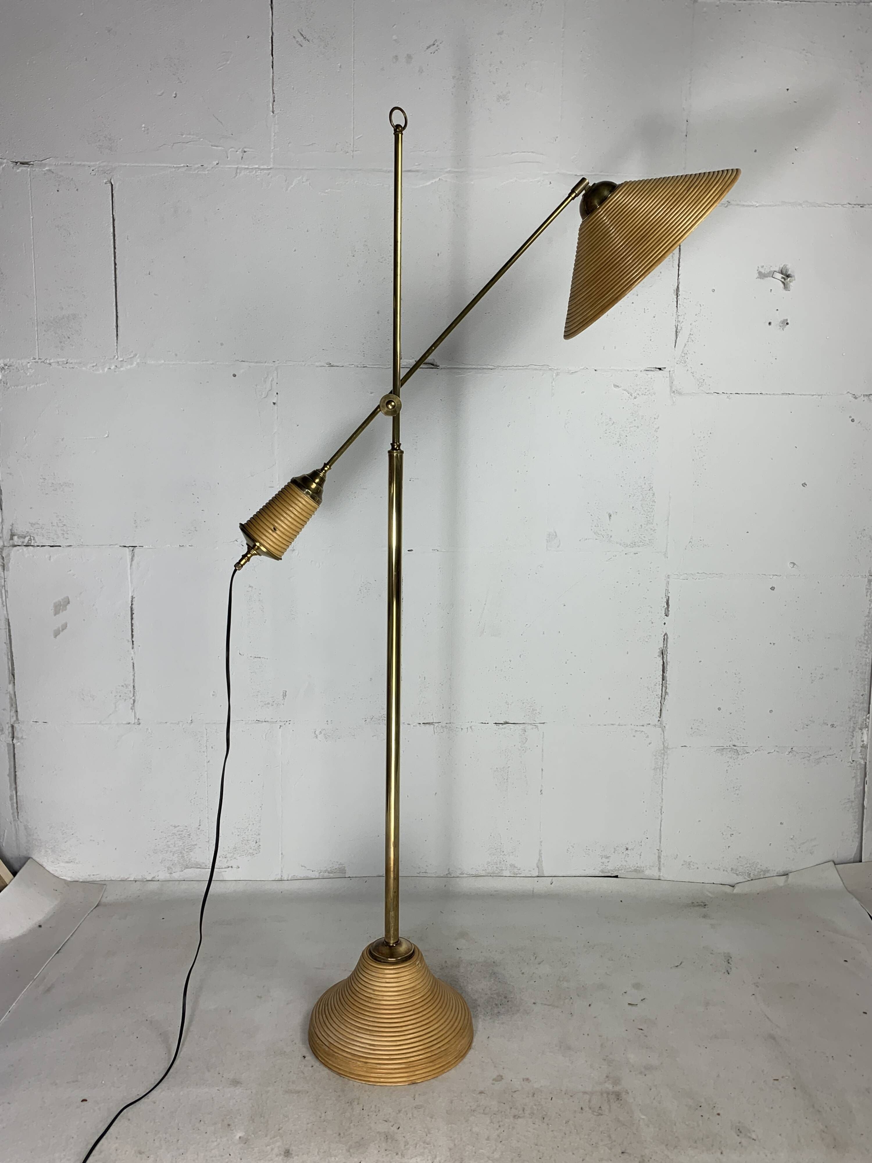 Italian adjustable floor lamp in pencil reed bamboo rattan and brass, 1970s