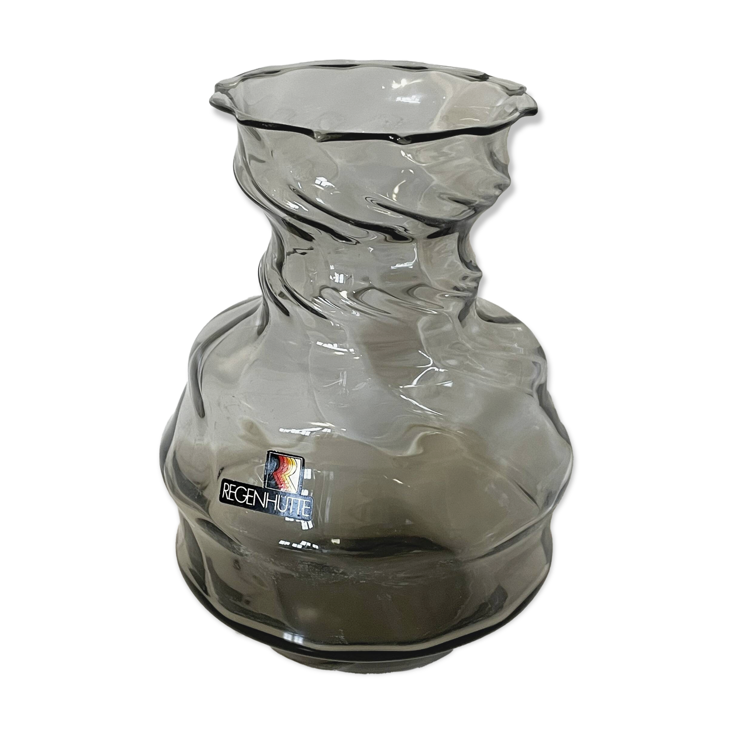 Smoky Gray Regenhütte Vase with Swirled Ribbing, German Handblown Glass