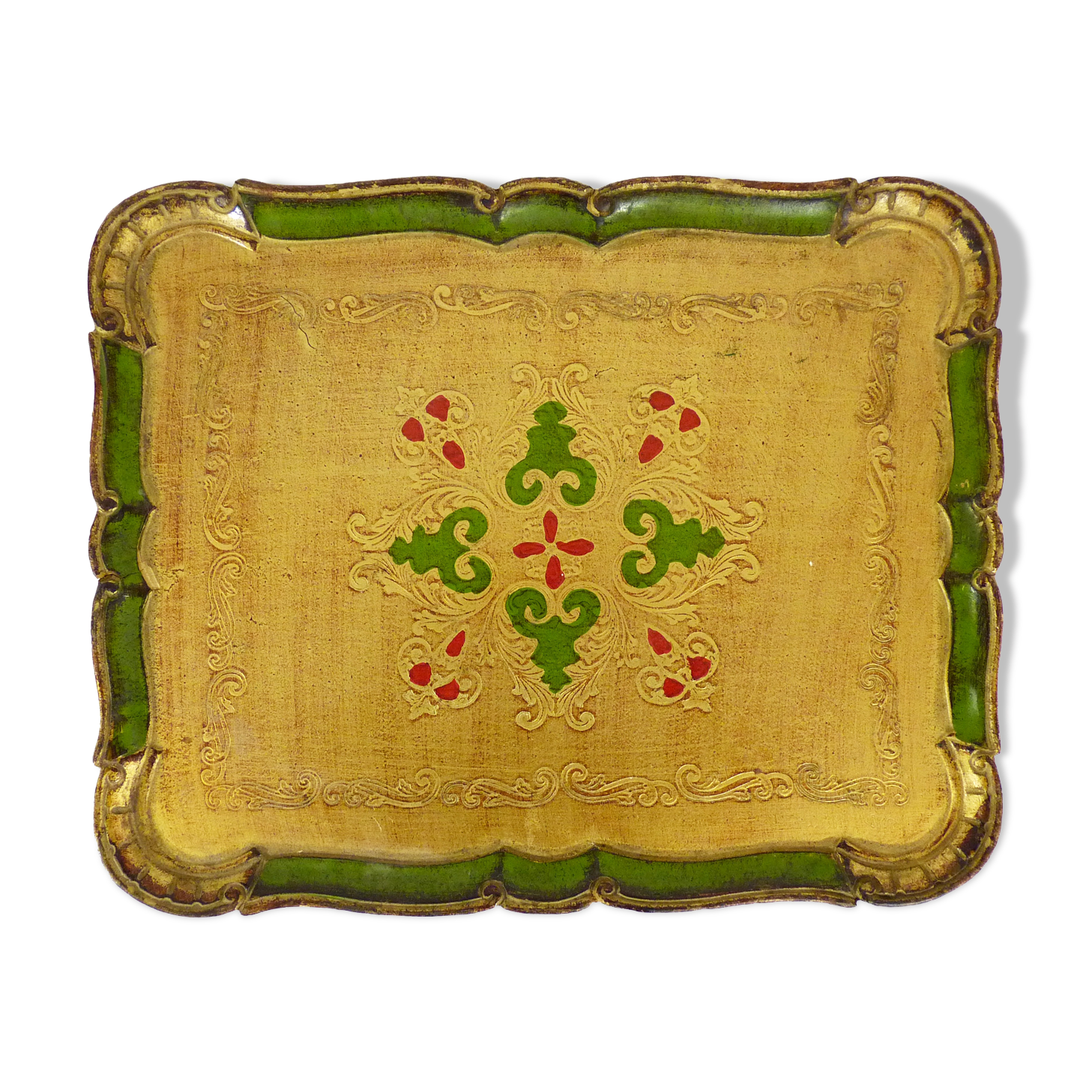 Hand-painted green and gold Florentine tray. Vintage 1950