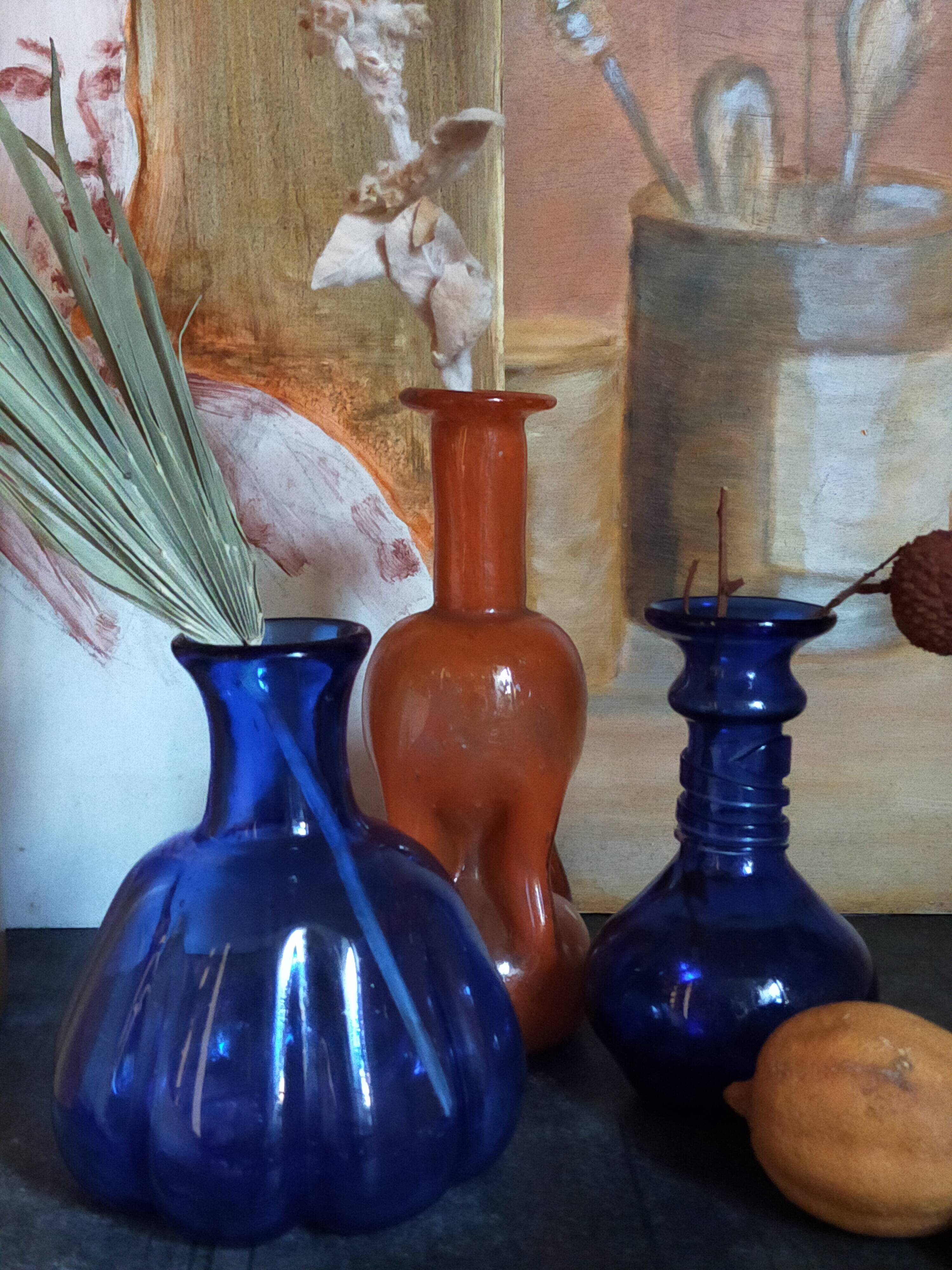 Trio of vintage blown glass soliflore vases