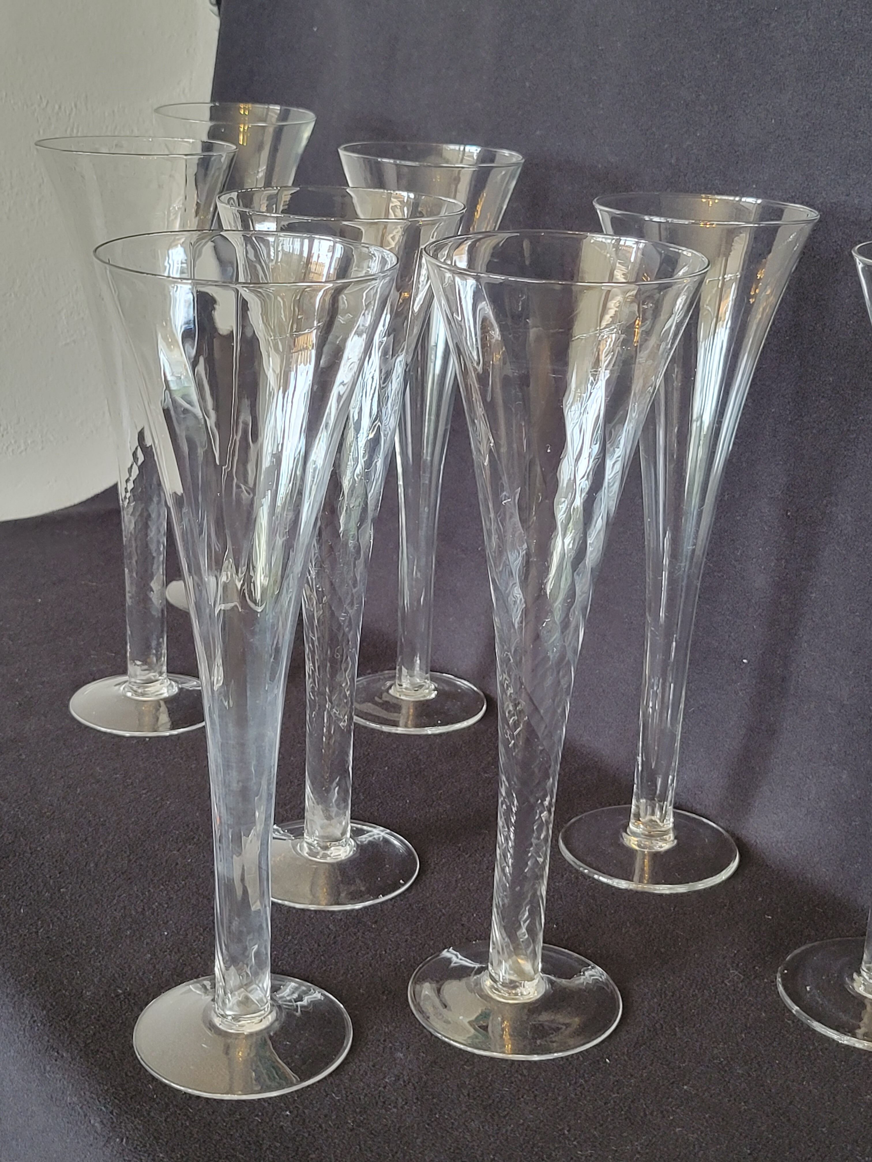 8 old champagne flutes evased blown glass model impossible