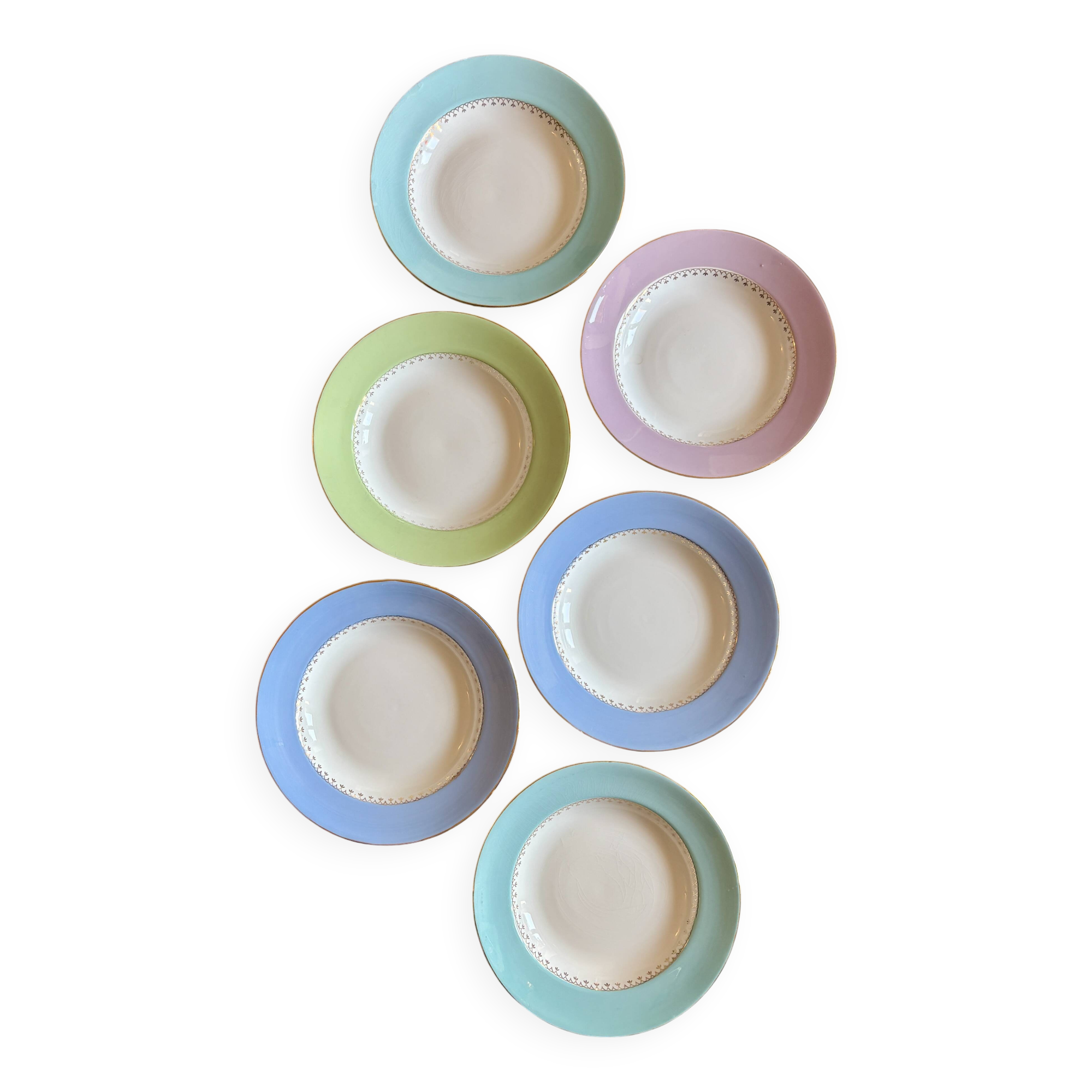 Set of 6 vintage soup plates, pastel colors and gold details